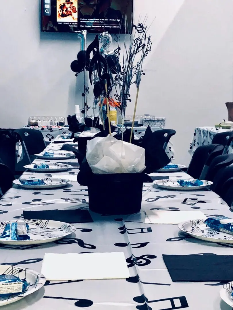 A table set with plates and napkins for a party.